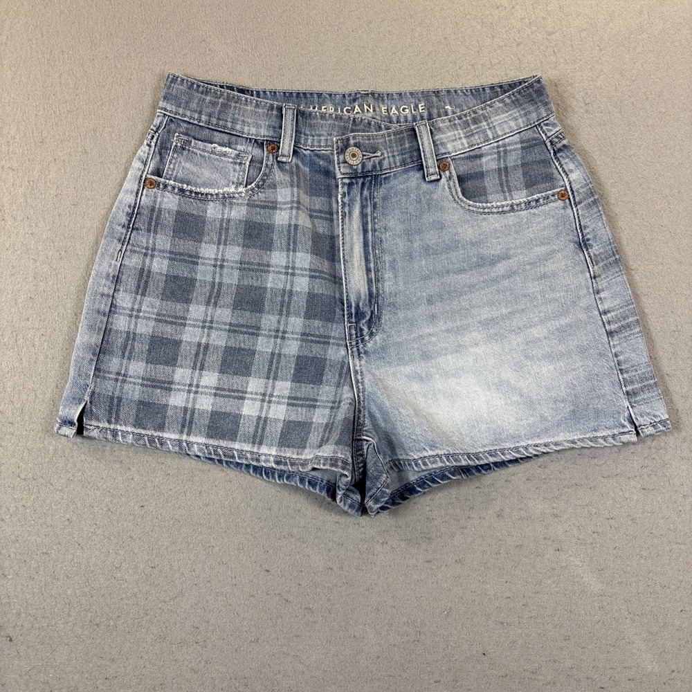 AMERICAN EAGLE Highest Rise Mom Short Crossover Light Wash Plaid Panels Women 4